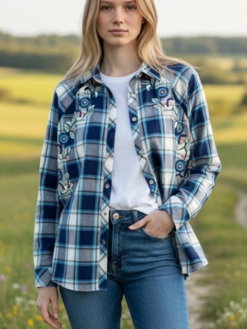 BOGO! Tolani Collection Boho Floral Embroidered Plaid Tunic Button Shirt
